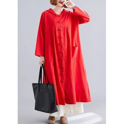 women red overcoat plus size hooded coats pockets Chinese Button coats