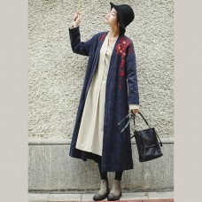 Loose Blue Embroidery Long side open Cotton Linen Coat For Women