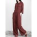 Plus Size Burgundy drawstring Half Sleeve Linen Body Suits Romper